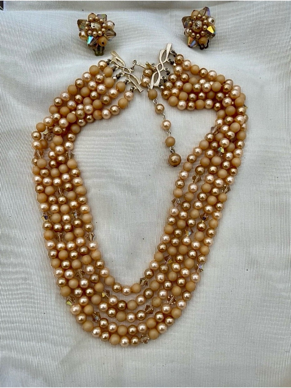 Vtg Multi-Strand Amber Gold Faux Pearl Crystal Necklace Clip-On Earrings Set